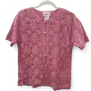 Vintage Jaclyn Smith Pink Crochet Eyelet Short Sleeve Cardigan Pearl Buttons M